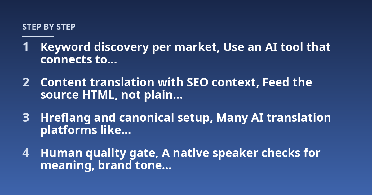 Keyword discovery per market, Use an AI tool that connects to...; Content translation with SEO context, Feed the source HTML, not plain...; Hreflang and canonical setup, Many AI translation platforms like...; Human quality gat