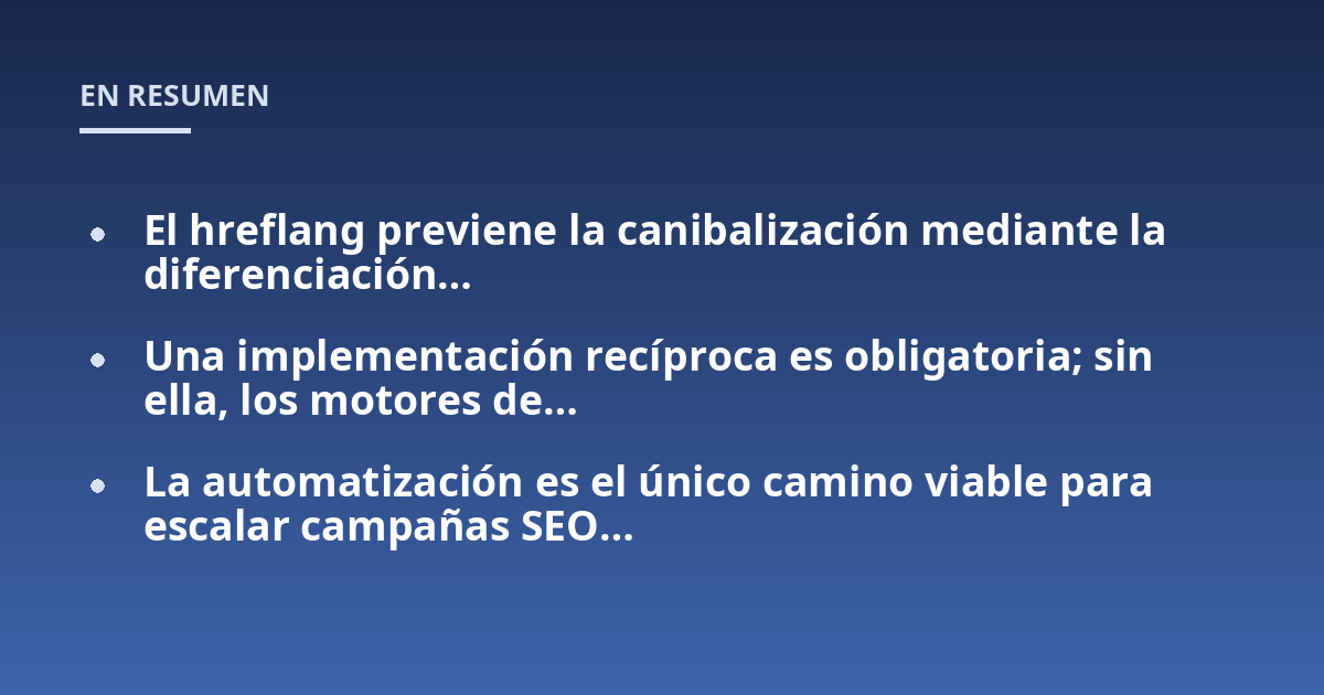 El hreflang previene la canibalización mediante la diferenciación...; Una implementación recíproca es obligatoria; sin ella, los motores de...; La automatización es el único camino viable para escalar campañas SEO...