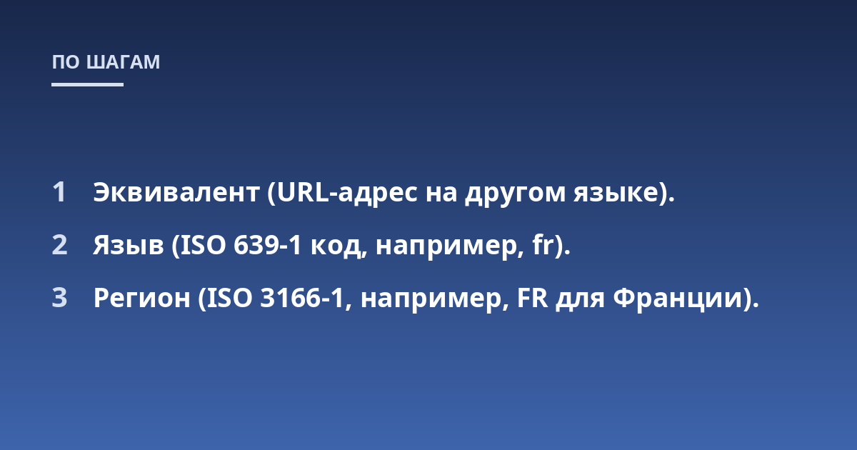 Эквивалент (URL-адрес на другом языке).; Языв (ISO 639-1 код, например, fr).; Регион (ISO 3166-1, например, FR для Франции).