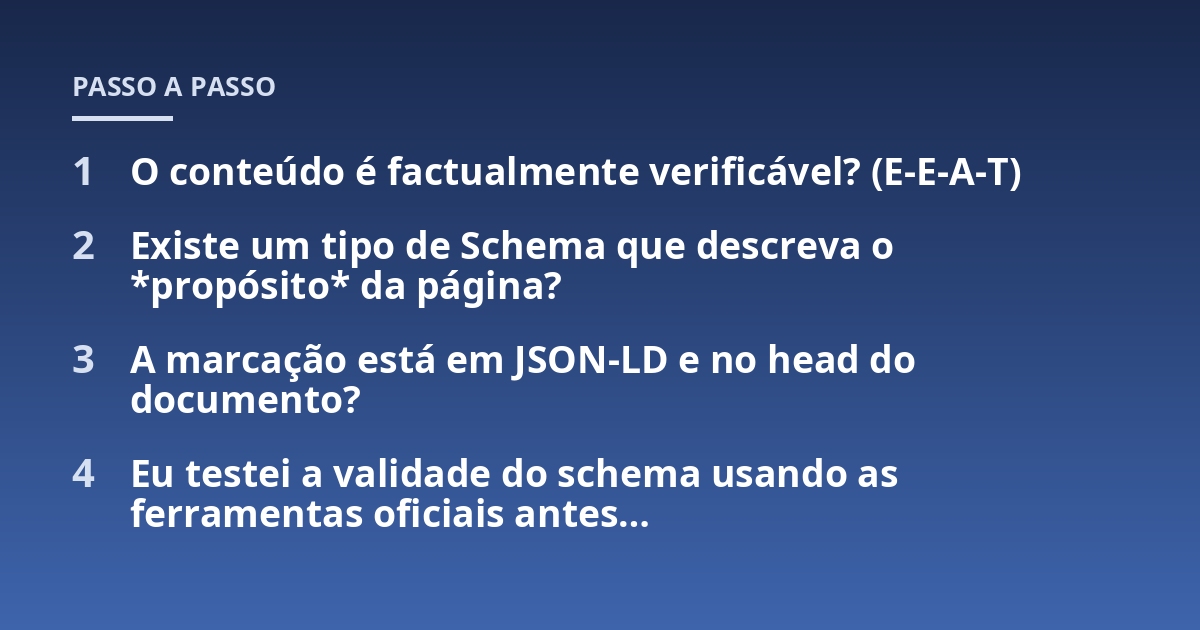 O conteúdo é factualmente verificável? (E-E-A-T); Existe um tipo de Schema que descreva o *propósito* da página?; A marcação está em JSON-LD e no head do documento?; Eu testei a validade do schema usando as ferramentas o