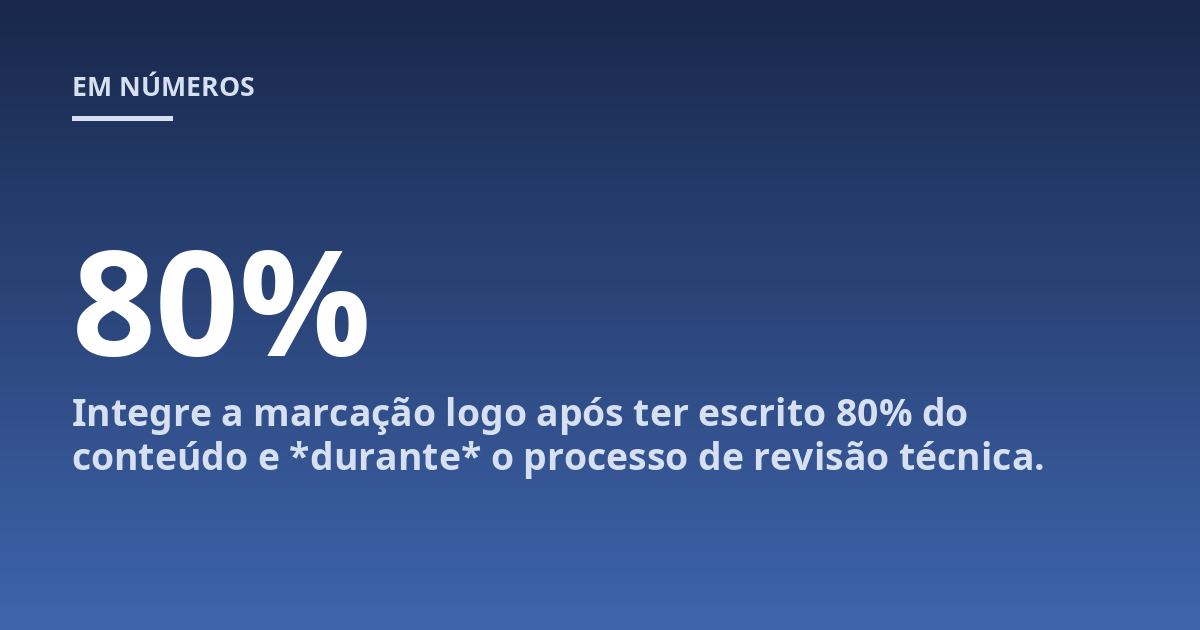 Integre a marcação logo após ter escrito 80% do conteúdo e *durante* o processo de revisão técnica.