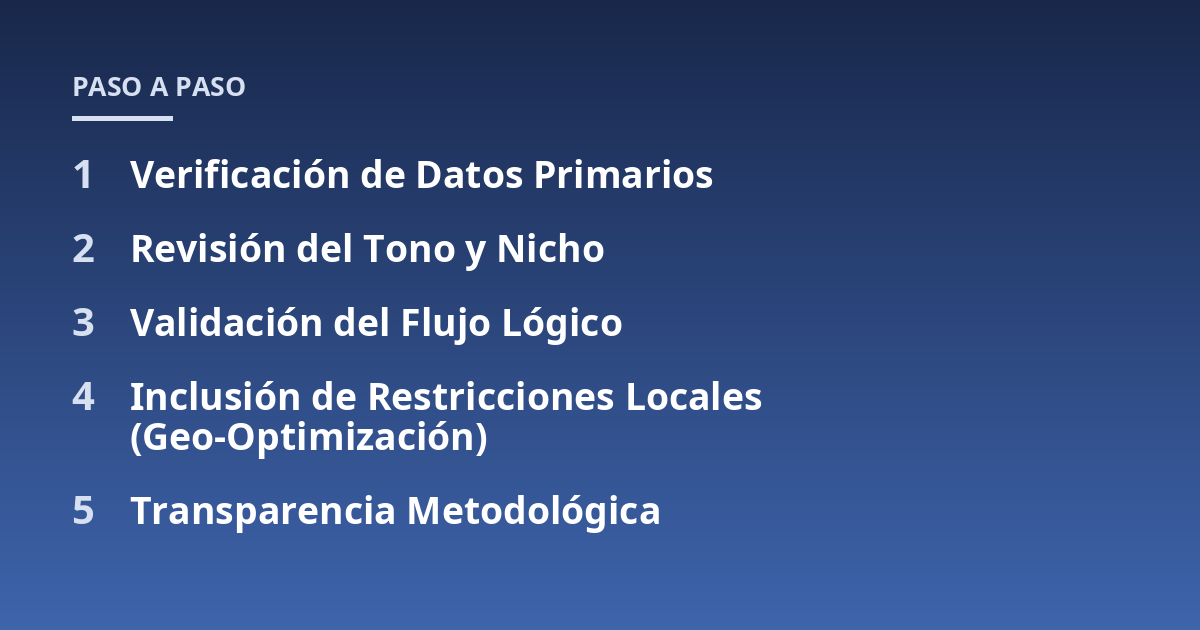 Verificación de Datos Primarios; Revisión del Tono y Nicho; Validación del Flujo Lógico; Inclusión de Restricciones Locales (Geo-Optimización); Transparencia Metodológica