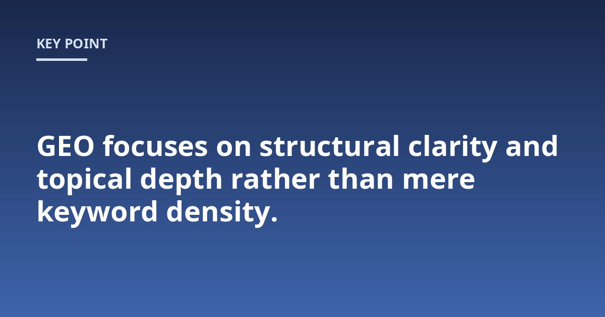 GEO focuses on structural clarity and topical depth rather than mere keyword density.