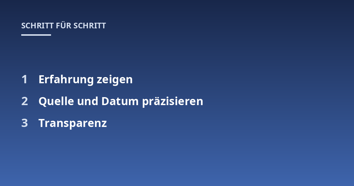 Erfahrung zeigen; Quelle und Datum präzisieren; Transparenz
