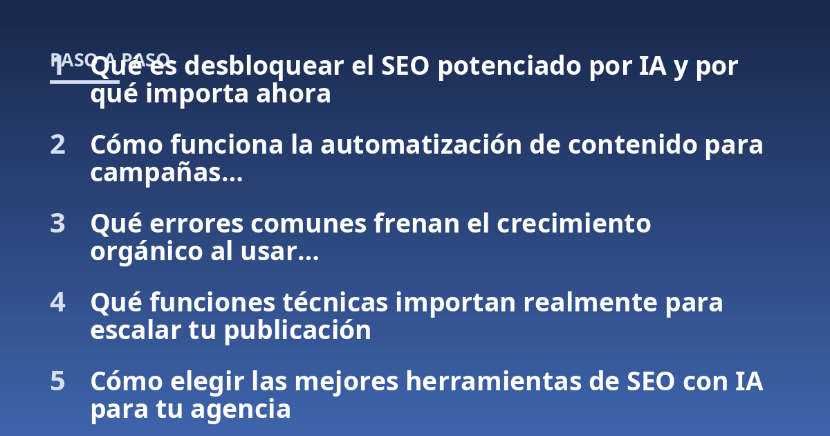 Qué es desbloquear el SEO potenciado por IA y por qué importa ahora; Cómo funciona la automatización de contenido para campañas...; Qué errores comunes frenan el crecimiento orgánico al usar...; Qué funciones técnicas import