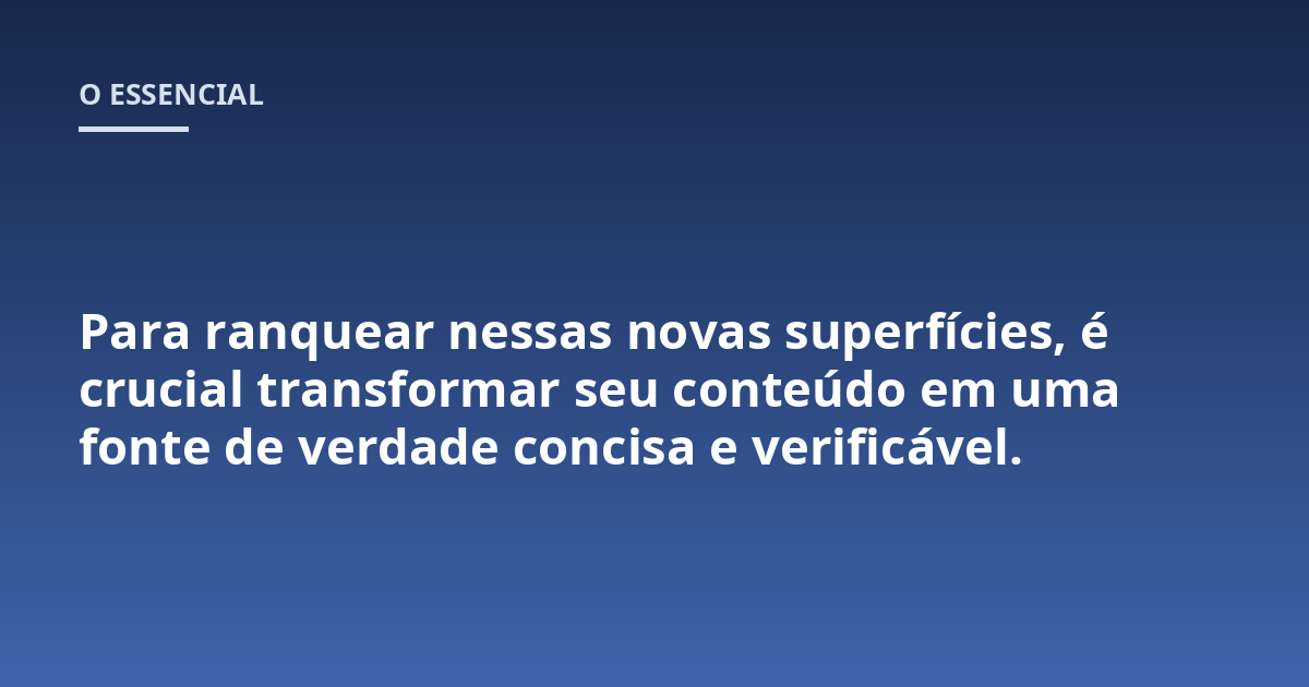 Para ranquear nessas novas superfícies, é crucial transformar seu conteúdo em uma fonte de verdade concisa e verificável.