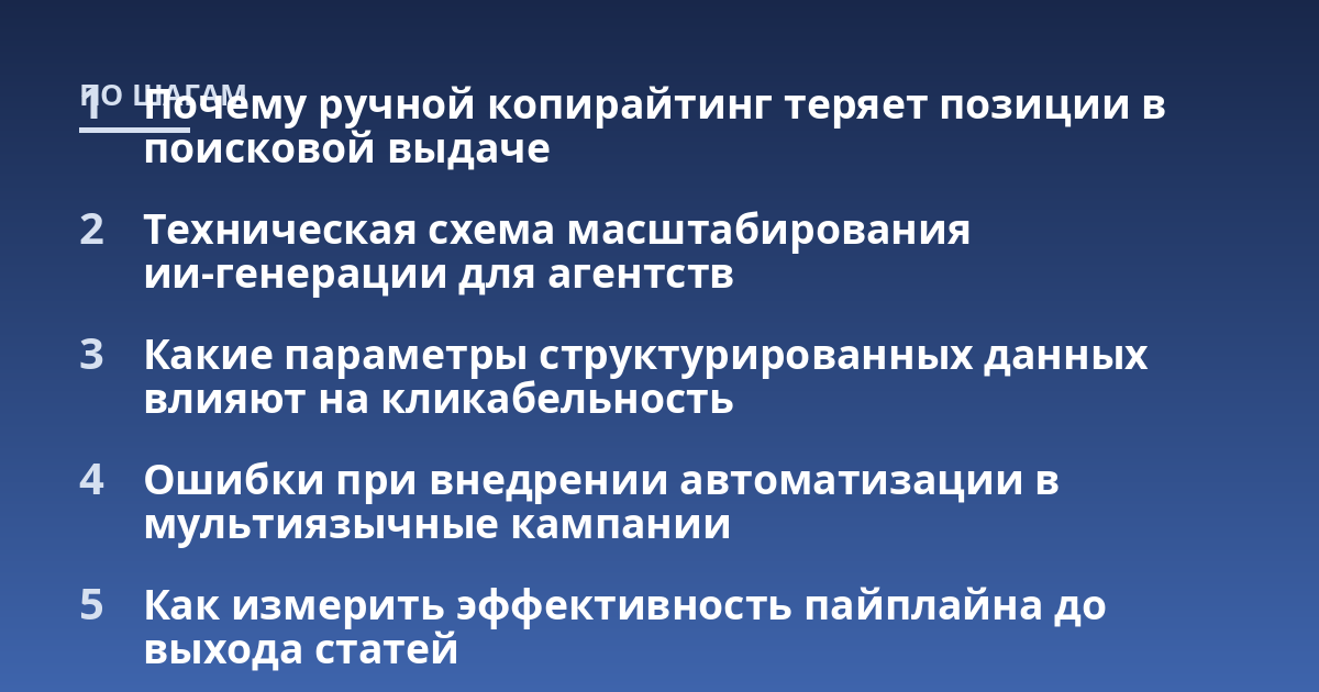 Почему ручной копирайтинг теряет позиции в поисковой выдаче; Техническая схема масштабирования ии-генерации для агентств; Какие параметры структурированных данных влияют на кликабельность; Ошибки при внедрении автоматиза