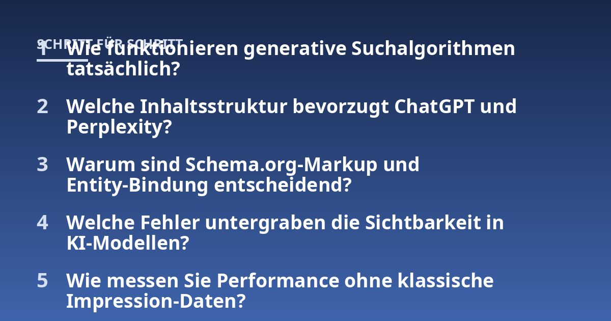 Wie funktionieren generative Suchalgorithmen tatsächlich?; Welche Inhaltsstruktur bevorzugt ChatGPT und Perplexity?; Warum sind Schema.org-Markup und Entity-Bindung entscheidend?; Welche Fehler untergraben die Sichtbarke