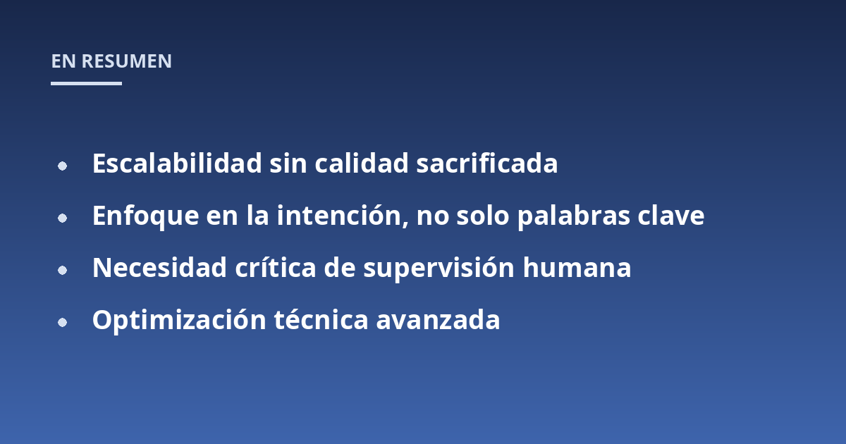 Escalabilidad sin calidad sacrificada; Enfoque en la intención, no solo palabras clave; Necesidad crítica de supervisión humana; Optimización técnica avanzada
