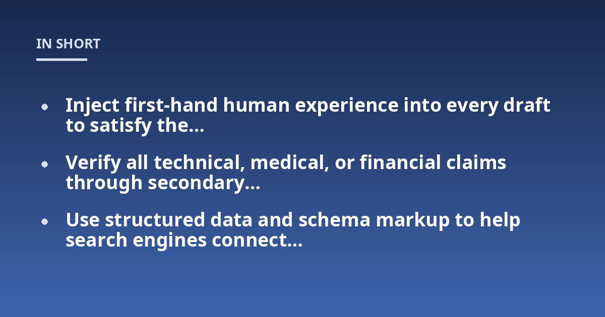 Inject first-hand human experience into every draft to satisfy the...; Verify all technical, medical, or financial claims through secondary...; Use structured data and schema markup to help search engines connect...