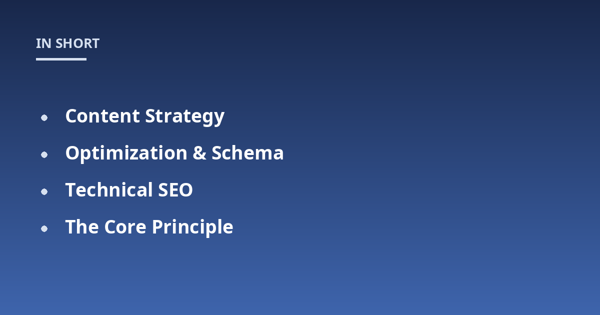 Content Strategy; Optimization & Schema; Technical SEO; The Core Principle
