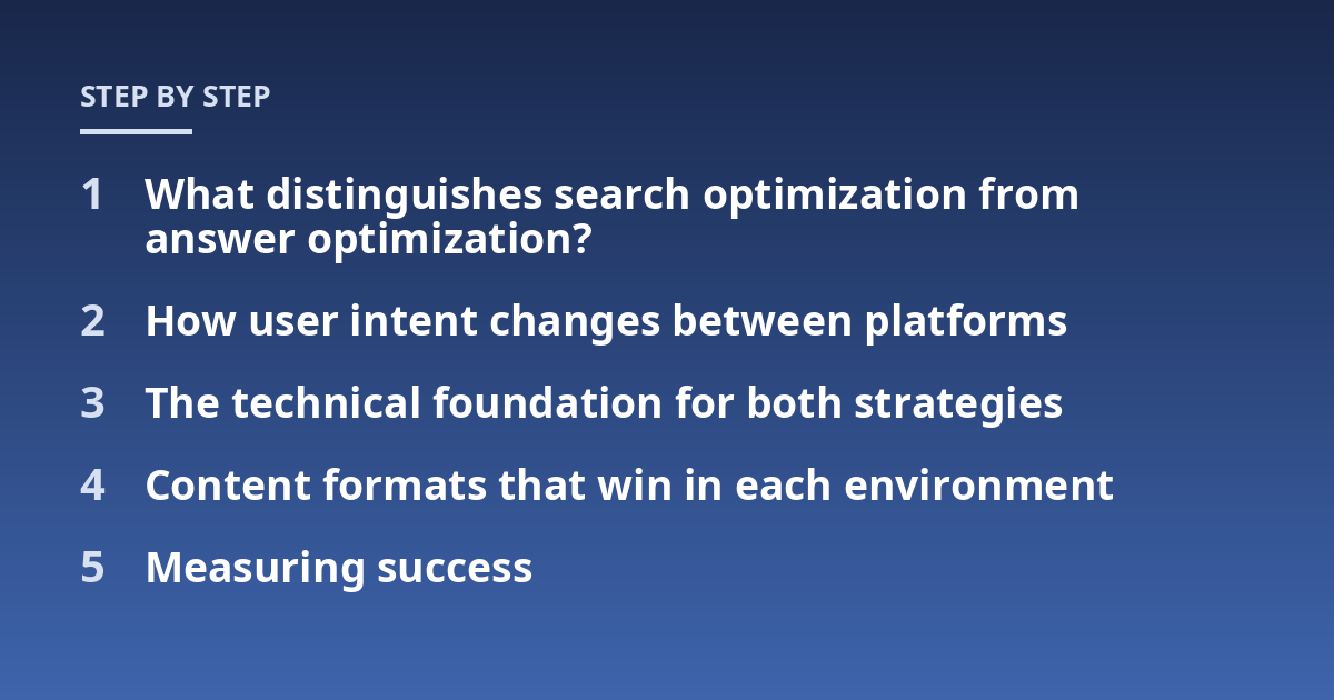 What distinguishes search optimization from answer optimization?; How user intent changes between platforms; The technical foundation for both strategies; Content formats that win in each environment; Measuring success