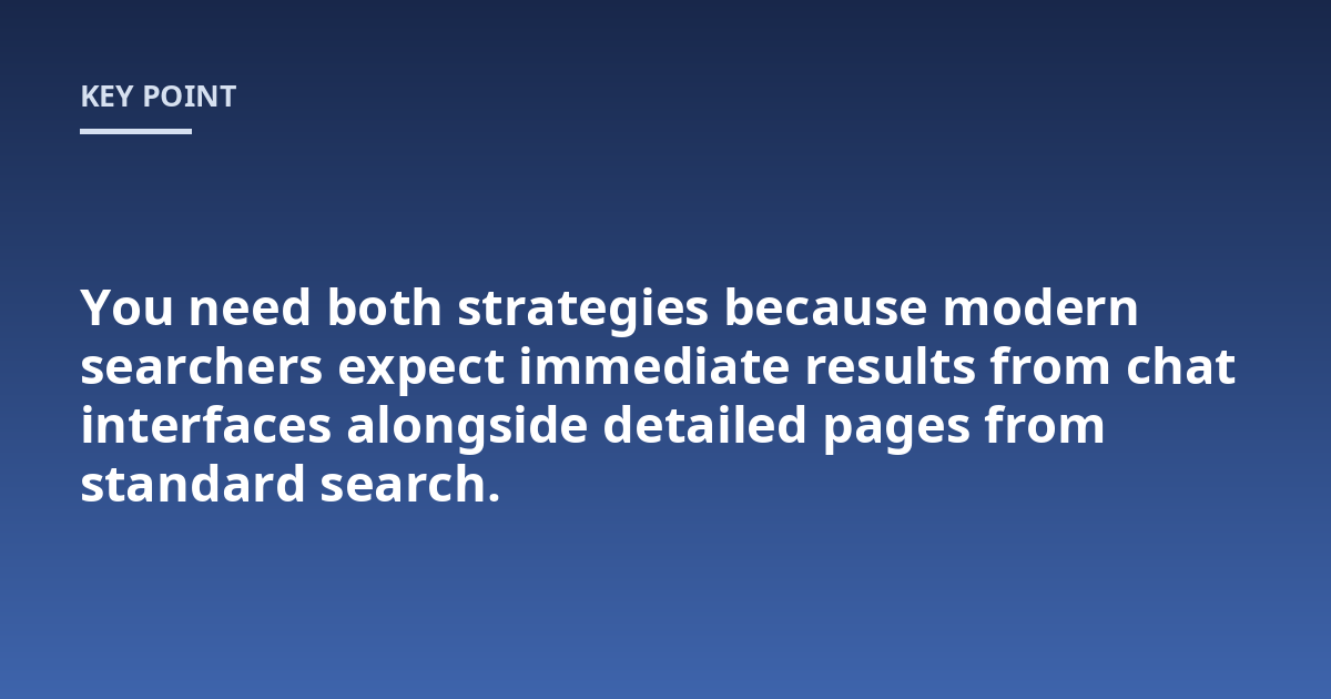 You need both strategies because modern searchers expect immediate results from chat interfaces alongside detailed pages from standard search.