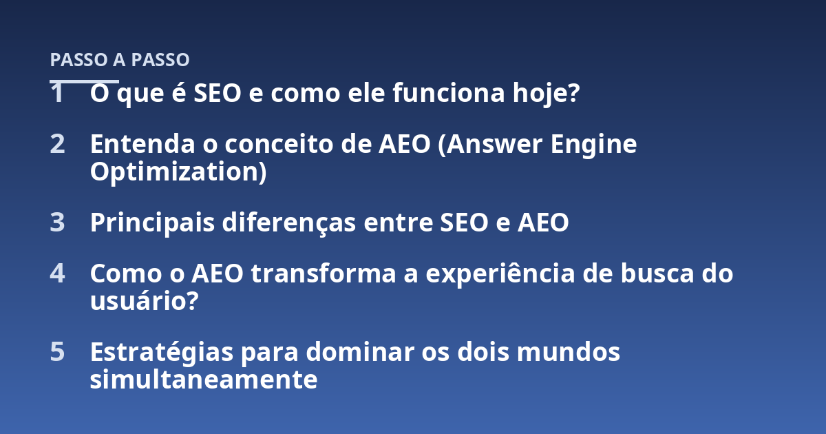 O que é SEO e como ele funciona hoje?; Entenda o conceito de AEO (Answer Engine Optimization); Principais diferenças entre SEO e AEO; Como o AEO transforma a experiência de busca do usuário?; Estratégias para dominar os