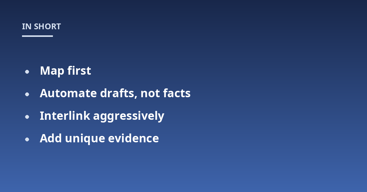Map first; Automate drafts, not facts; Interlink aggressively; Add unique evidence
