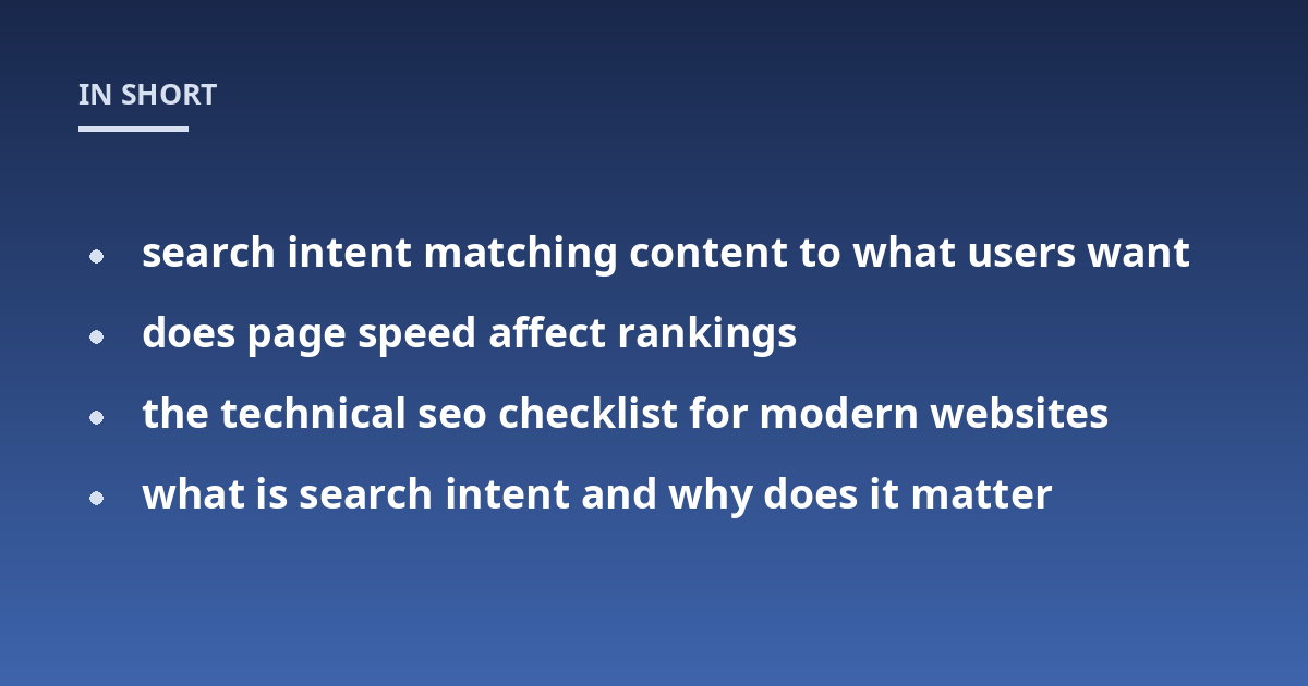 search intent matching content to what users want; does page speed affect rankings; the technical seo checklist for modern websites; what is search intent and why does it matter