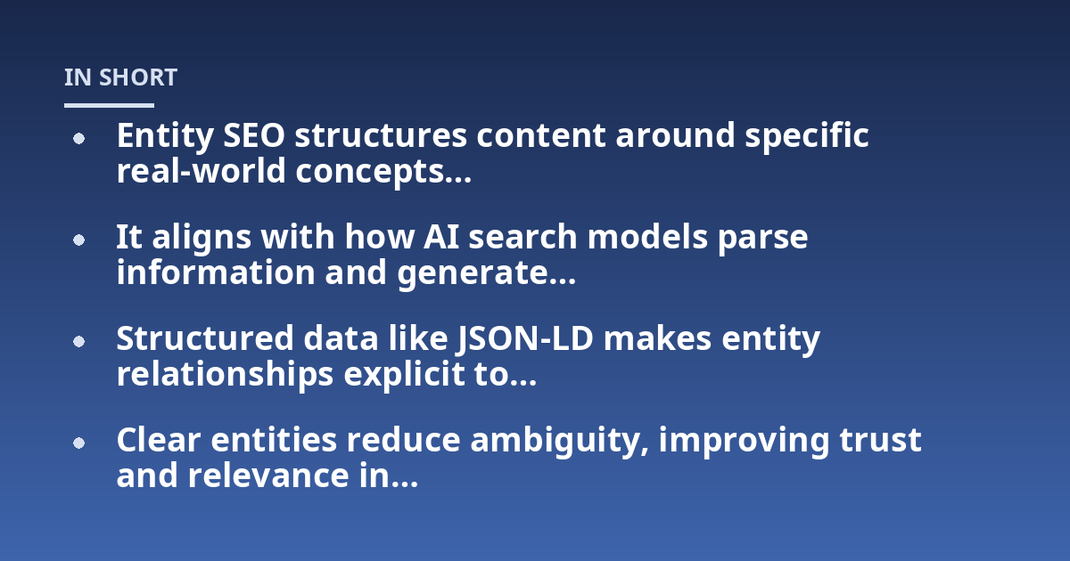 Entity SEO structures content around specific real-world concepts…; It aligns with how AI search models parse information and generate…; Structured data like JSON-LD makes entity relationships explicit to…; Clear entitie