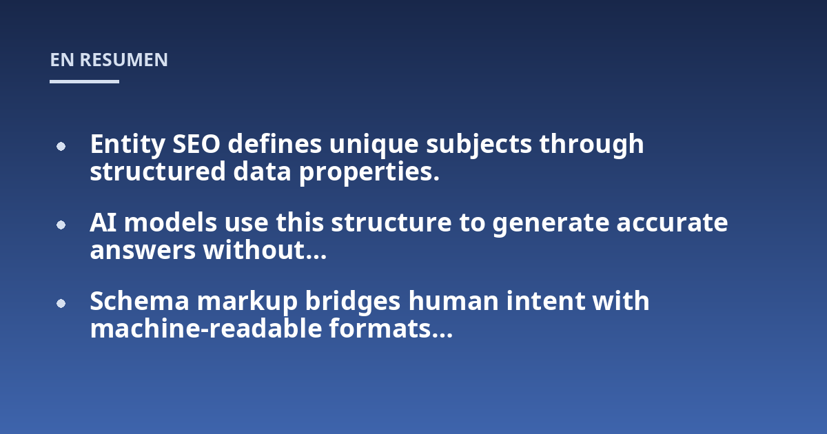 Entity SEO defines unique subjects through structured data properties.; AI models use this structure to generate accurate answers without...; Schema markup bridges human intent with machine-readable formats...