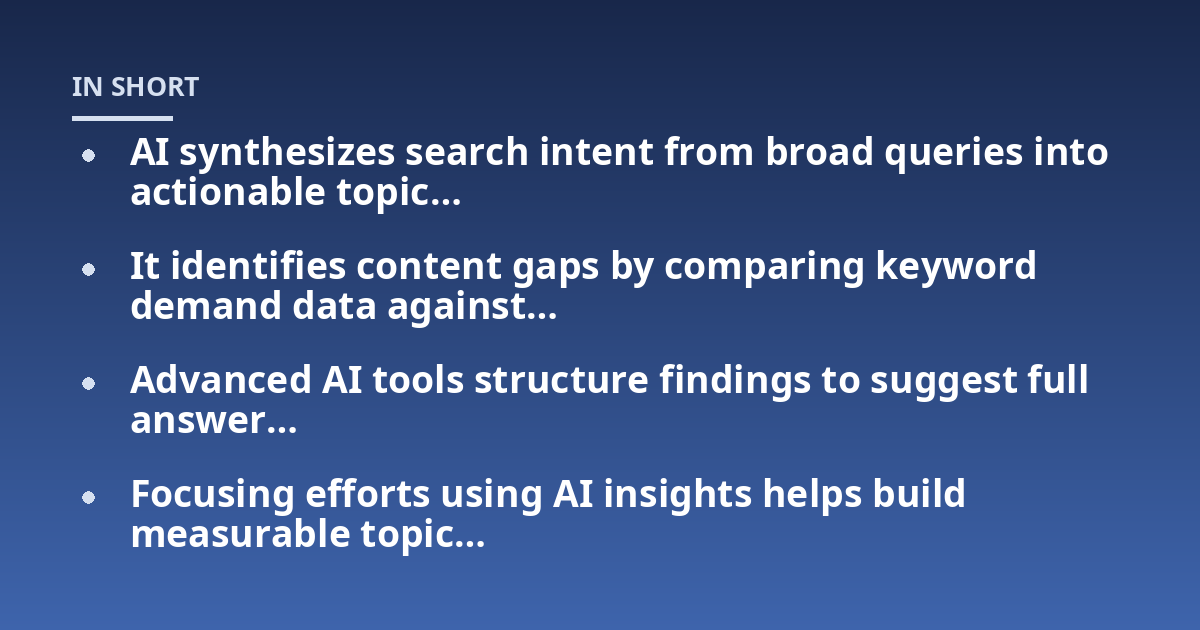 AI synthesizes search intent from broad queries into actionable topic...; It identifies content gaps by comparing keyword demand data against...; Advanced AI tools structure findings to suggest full answer...; Focusing efforts