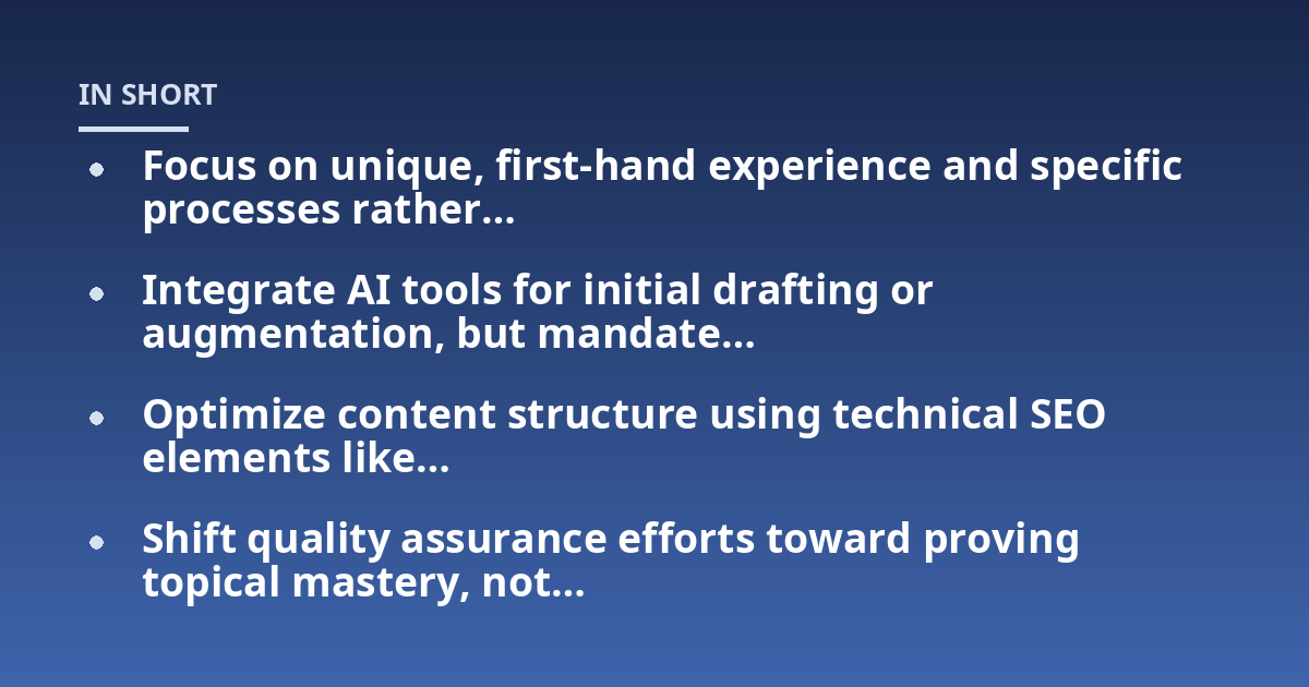 Focus on unique, first-hand experience and specific processes rather…; Integrate AI tools for initial drafting or augmentation, but mandate…; Optimize content structure using technical SEO elements like…; Shift quality a