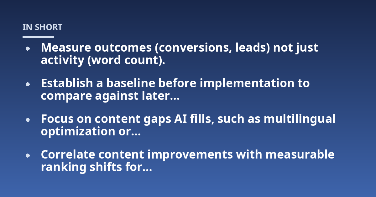 Measure outcomes (conversions, leads) not just activity (word count).; Establish a baseline before implementation to compare against later...; Focus on content gaps AI fills, such as multilingual optimization or...; Correlat