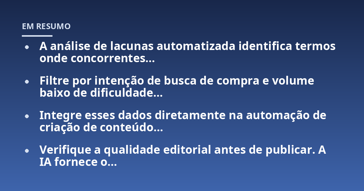 A análise de lacunas automatizada identifica termos onde concorrentes…; Filtre por intenção de busca de compra e volume baixo de dificuldade…; Integre esses dados diretamente na automação de criação de conteúdo…; Verifiq
