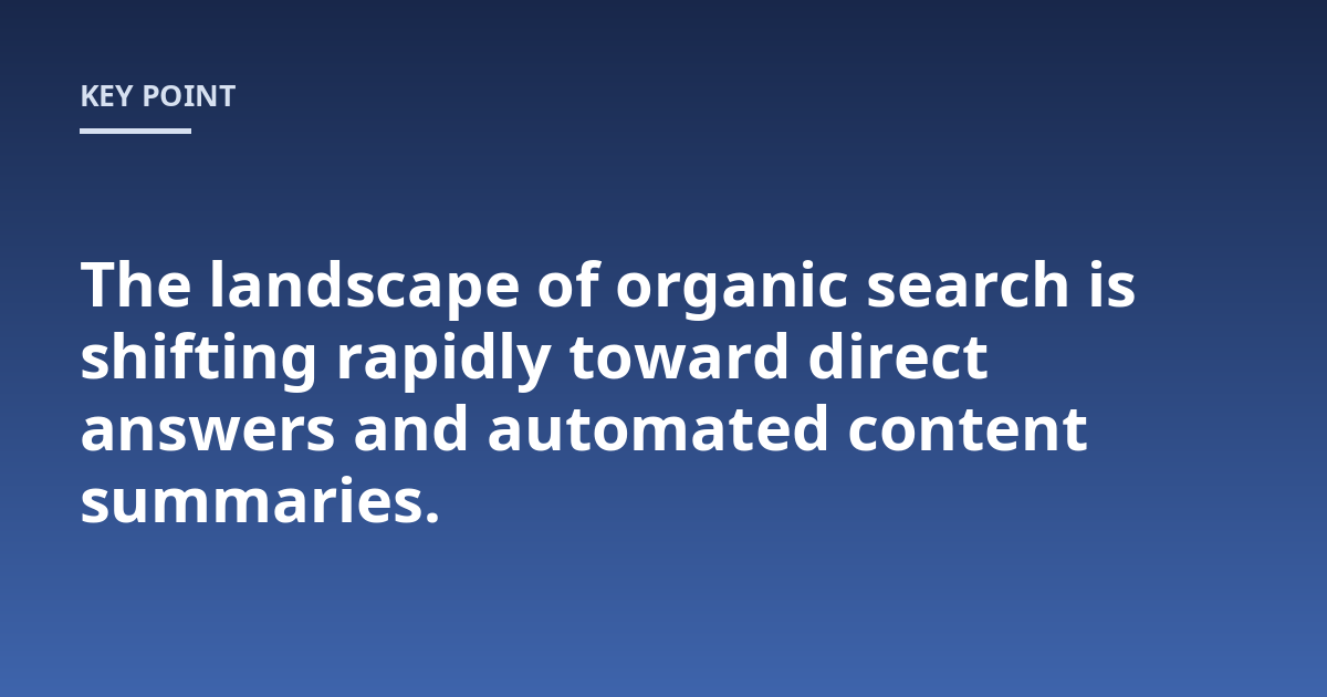 The landscape of organic search is shifting rapidly toward direct answers and automated content summaries.