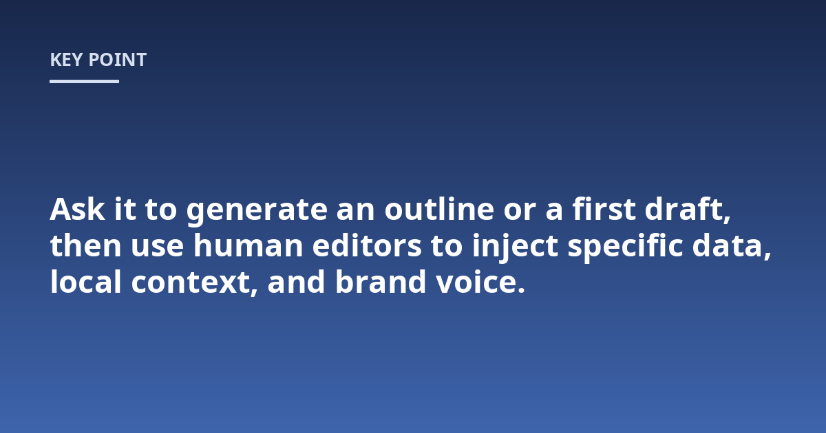 Ask it to generate an outline or a first draft, then use human editors to inject specific data, local context, and brand voice.