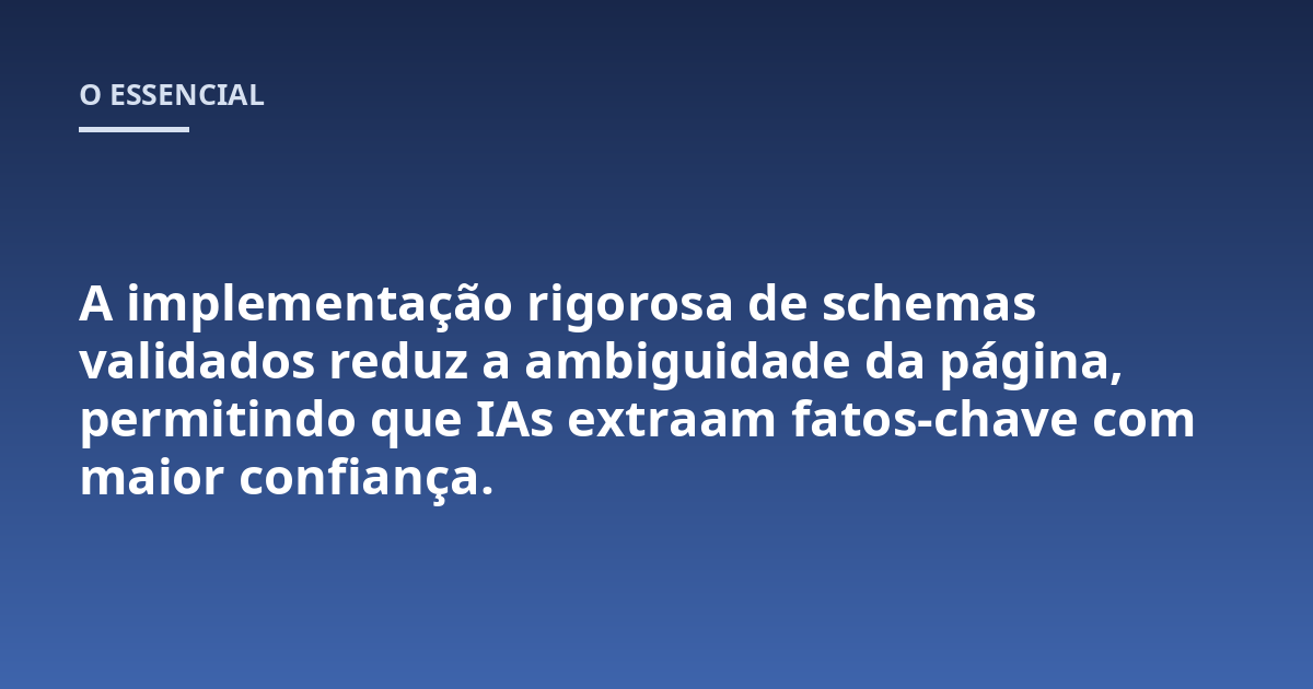 A implementação rigorosa de schemas validados reduz a ambiguidade da página, permitindo que IAs extraam fatos-chave com maior confiança.