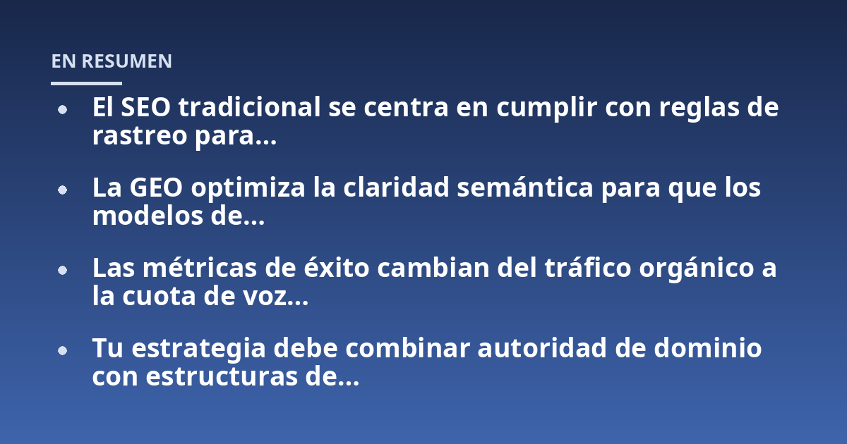 El SEO tradicional se centra en cumplir con reglas de rastreo para…; La GEO optimiza la claridad semántica para que los modelos de…; Las métricas de éxito cambian del tráfico orgánico a la cuota de voz…; Tu estrategia de