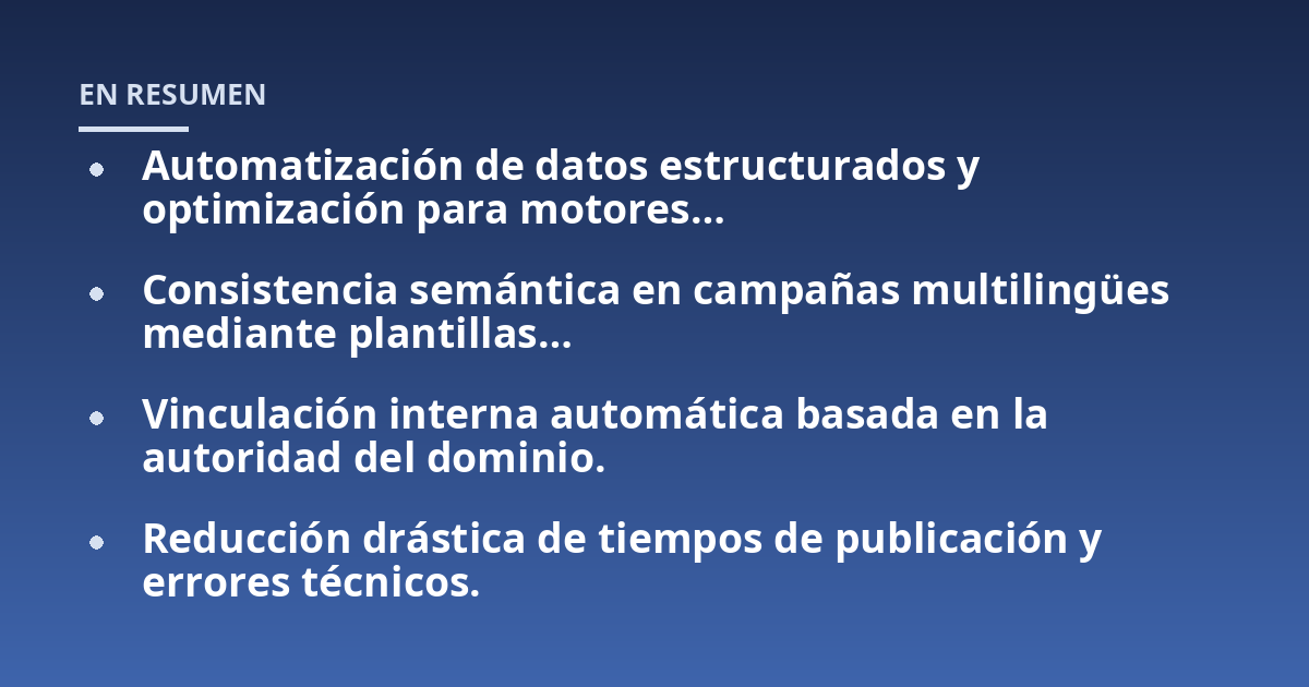 Automatización de datos estructurados y optimización para motores...; Consistencia semántica en campañas multilingües mediante plantillas...; Vinculación interna automática basada en la autoridad del dominio.; Reducción drás