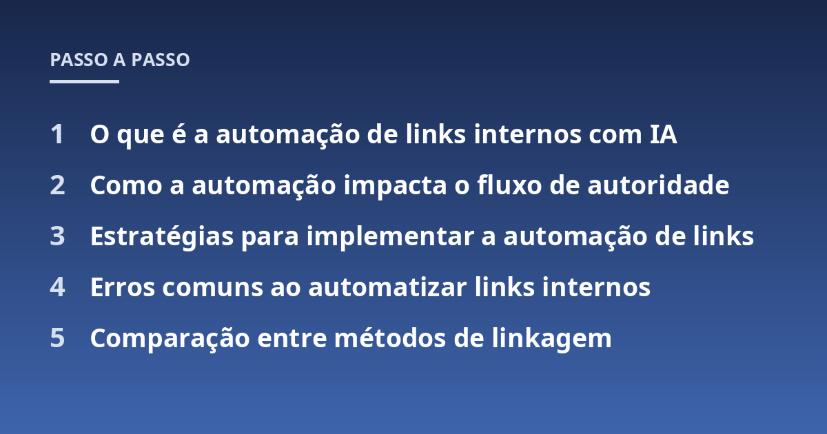 O que é a automação de links internos com IA; Como a automação impacta o fluxo de autoridade; Estratégias para implementar a automação de links; Erros comuns ao automatizar links internos; Comparação entre métodos de lin
