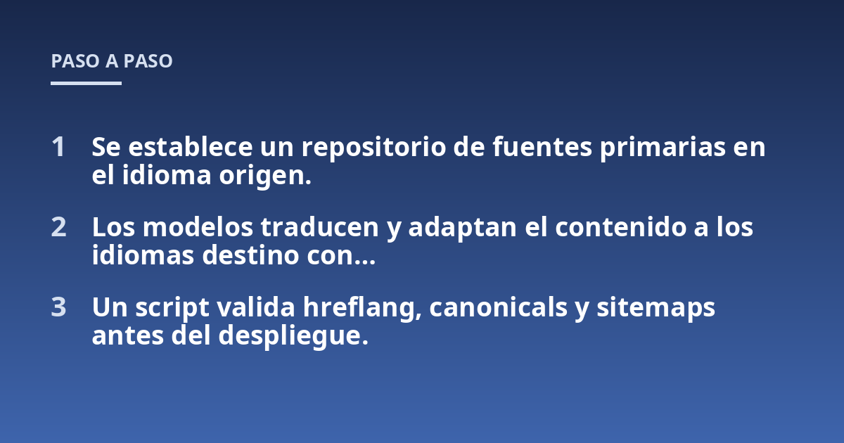 Se establece un repositorio de fuentes primarias en el idioma origen.; Los modelos traducen y adaptan el contenido a los idiomas destino con...; Un script valida hreflang, canonicals y sitemaps antes del despliegue.