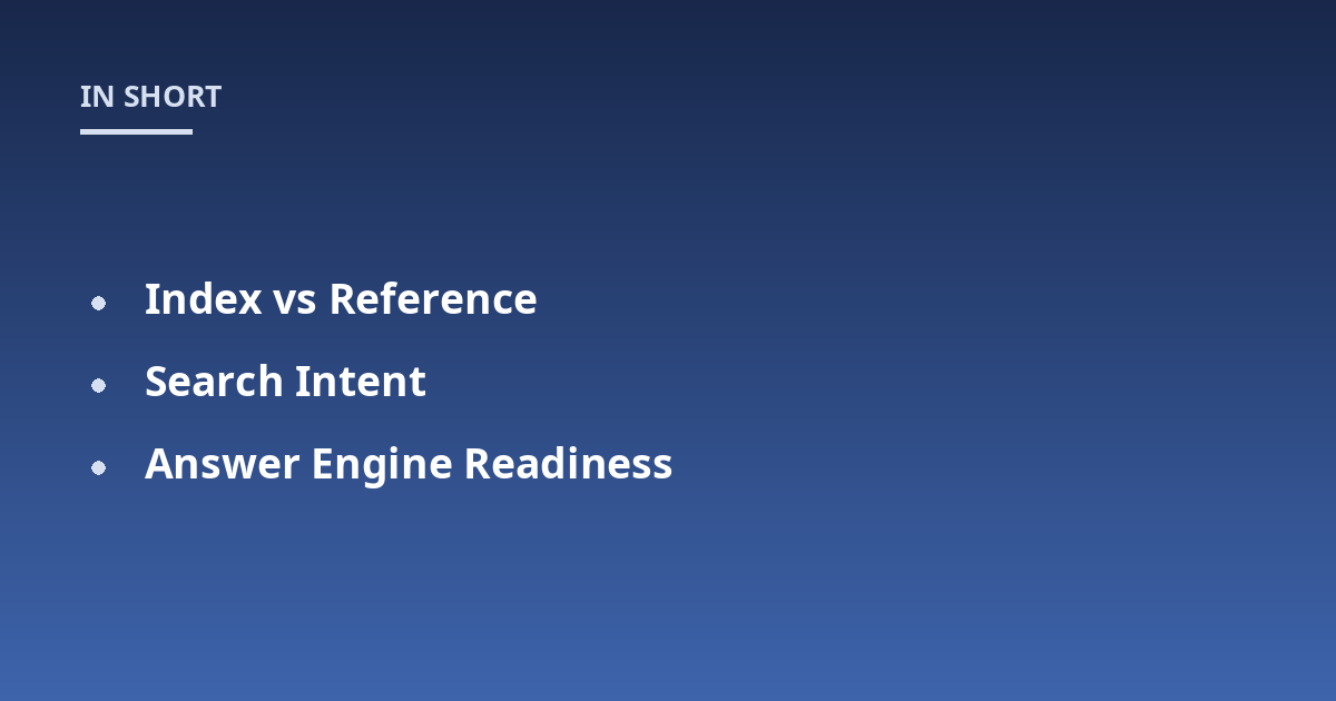 Index vs Reference; Search Intent; Answer Engine Readiness