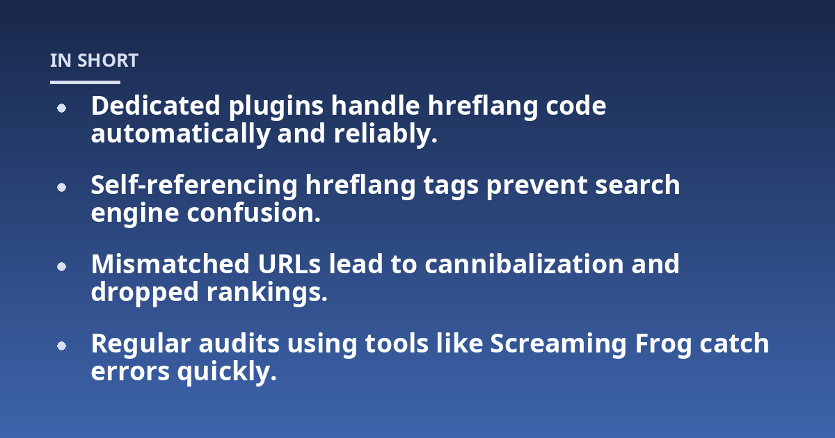 Dedicated plugins handle hreflang code automatically and reliably.; Self-referencing hreflang tags prevent search engine confusion.; Mismatched URLs lead to cannibalization and dropped rankings.; Regular audits using too