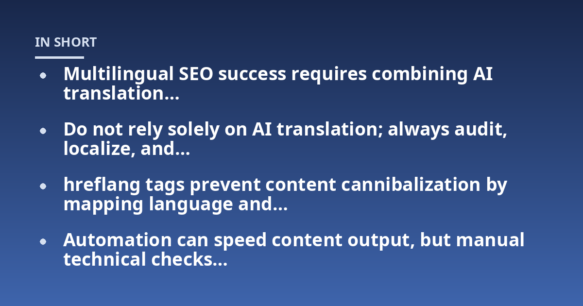 Multilingual SEO success requires combining AI translation…; Do not rely solely on AI translation; always audit, localize, and…; hreflang tags prevent content cannibalization by mapping language and…; Automation can spee
