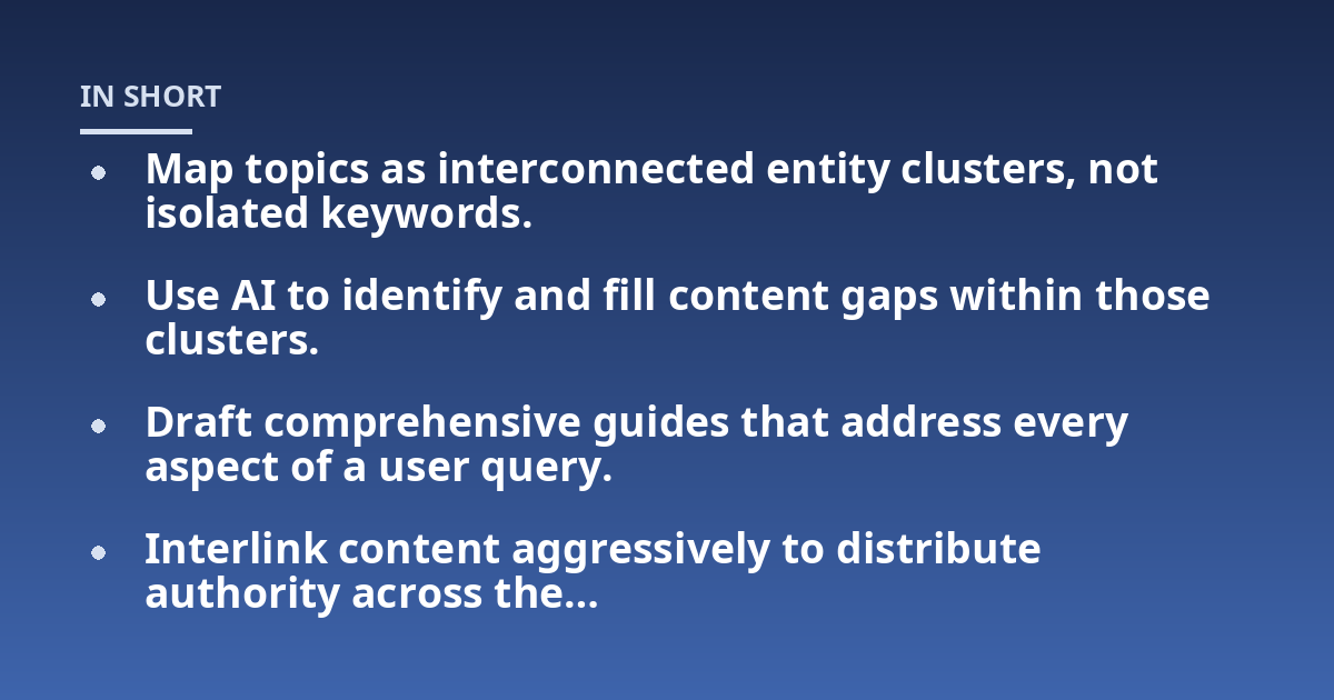 Map topics as interconnected entity clusters, not isolated keywords.; Use AI to identify and fill content gaps within those clusters.; Draft comprehensive guides that address every aspect of a user query.; Interlink cont