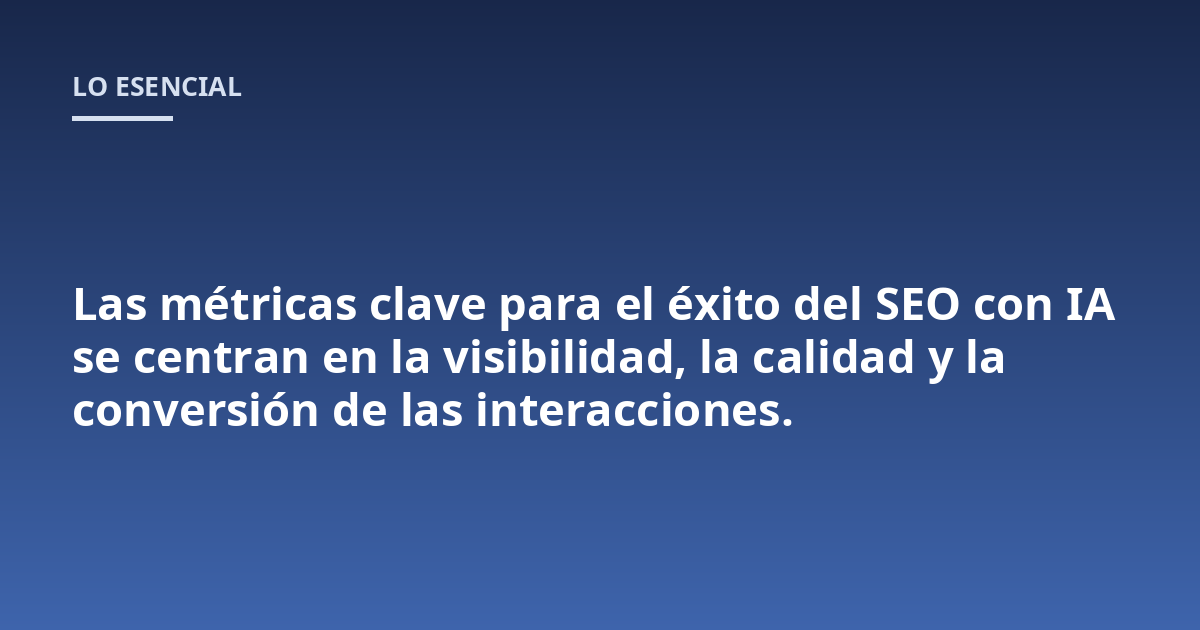 Las métricas clave para el éxito del SEO con IA se centran en la visibilidad, la calidad y la conversión de las interacciones.