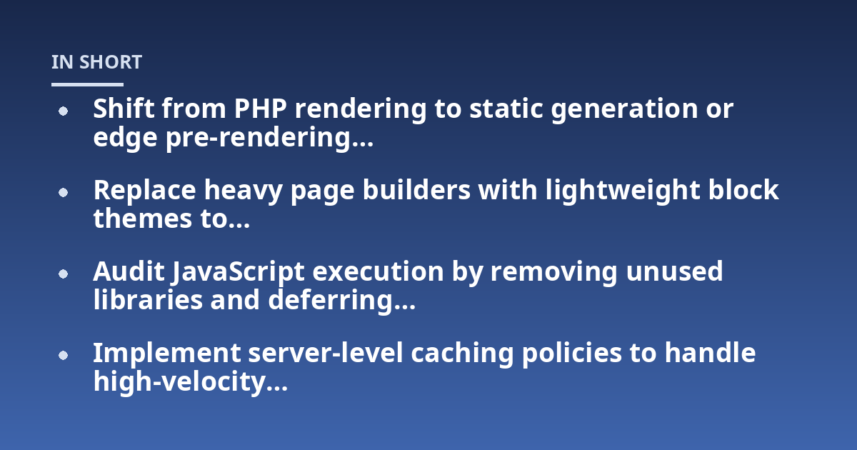 Shift from PHP rendering to static generation or edge pre-rendering...; Replace heavy page builders with lightweight block themes to...; Audit JavaScript execution by removing unused libraries and deferring...; Implement serve