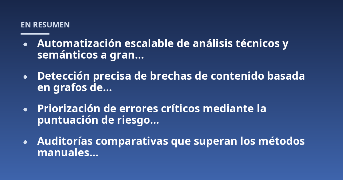 Automatización escalable de análisis técnicos y semánticos a gran…; Detección precisa de brechas de contenido basada en grafos de…; Priorización de errores críticos mediante la puntuación de riesgo…; Auditorías comparati