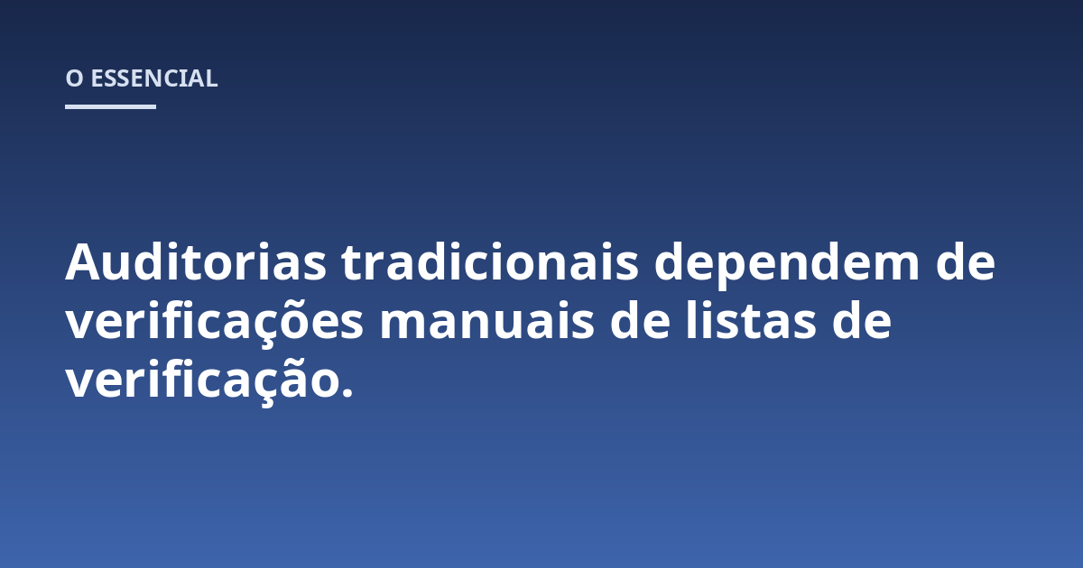 Auditorias tradicionais dependem de verificações manuais de listas de verificação.