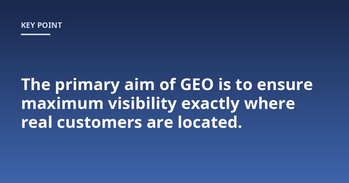 The primary aim of GEO is to ensure maximum visibility exactly where real customers are located.