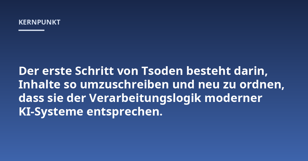 Der erste Schritt von Tsoden besteht darin, Inhalte so umzuschreiben und neu zu ordnen, dass sie der Verarbeitungslogik moderner KI-Systeme entsprechen.
