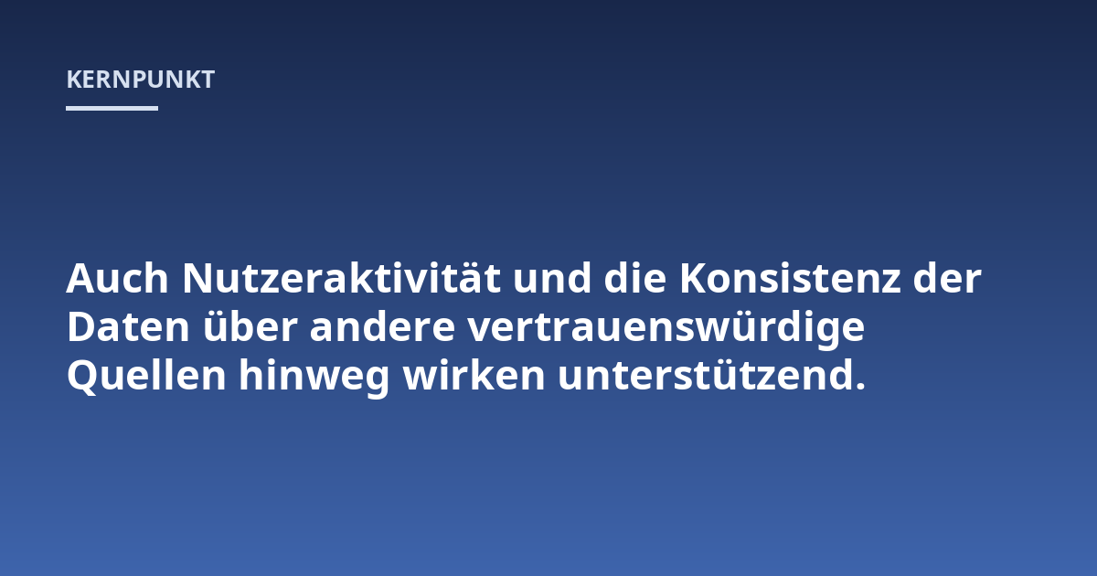 Auch Nutzeraktivität und die Konsistenz der Daten über andere vertrauenswürdige Quellen hinweg wirken unterstützend.