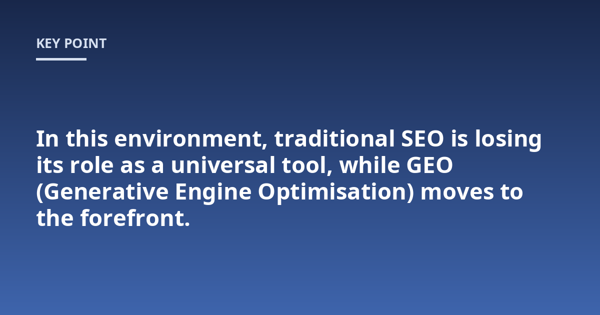 In this environment, traditional SEO is losing its role as a universal tool, while GEO (Generative Engine Optimisation) moves to the forefront.