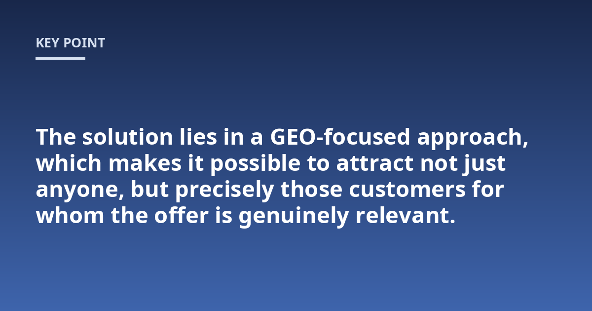 The solution lies in a GEO-focused approach, which makes it possible to attract not just anyone, but precisely those customers for whom the offer is genuinely relevant.