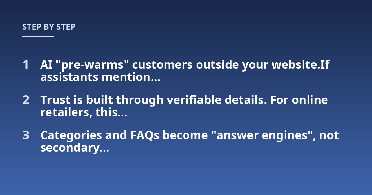 AI "pre-warms" customers outside your website.If assistants mention...; Trust is built through verifiable details. For online retailers, this...; Categories and FAQs become "answer engines", not secondary...