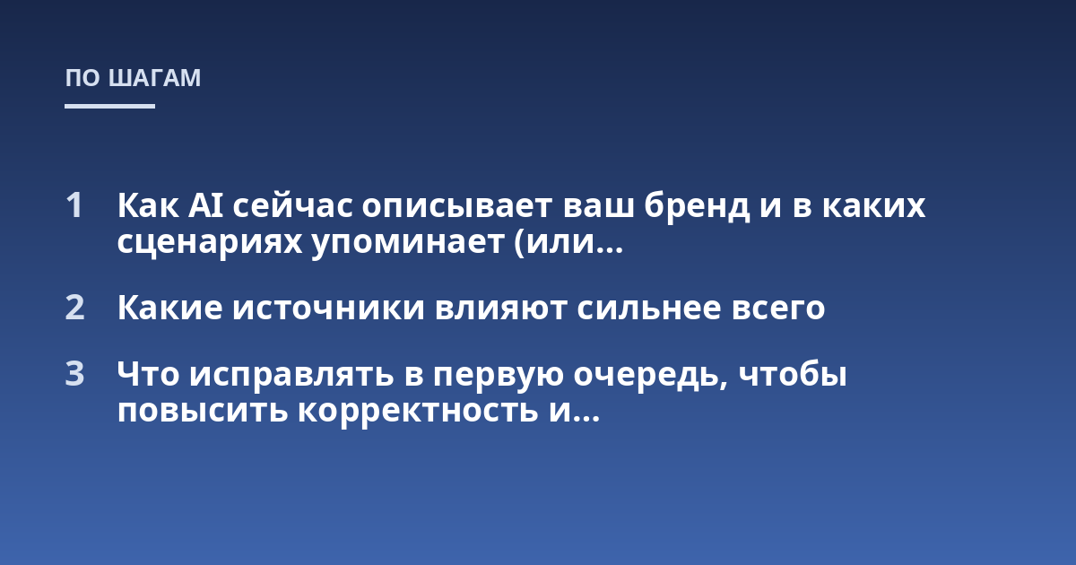 Как AI сейчас описывает ваш бренд и в каких сценариях упоминает (или...; Какие источники влияют сильнее всего; Что исправлять в первую очередь, чтобы повысить корректность и...
