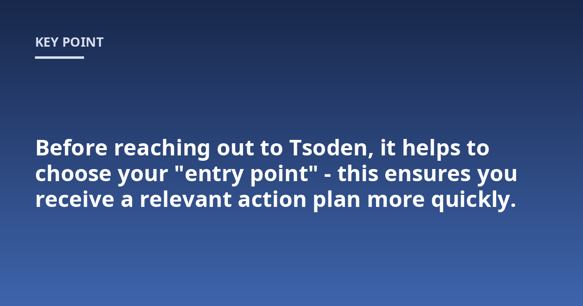 Before reaching out to Tsoden, it helps to choose your "entry point" - this ensures you receive a relevant action plan more quickly.