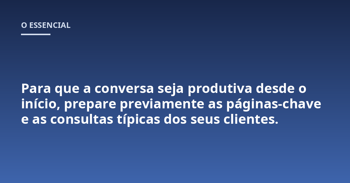 Para que a conversa seja produtiva desde o início, prepare previamente as páginas-chave e as consultas típicas dos seus clientes.